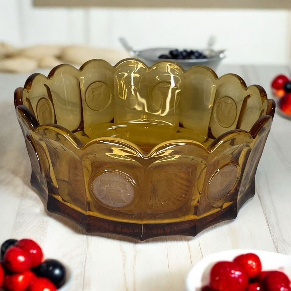 Vintage Fostoria Amber Glass Coin Liberty Bell Round Serving Bowl Candy Dish